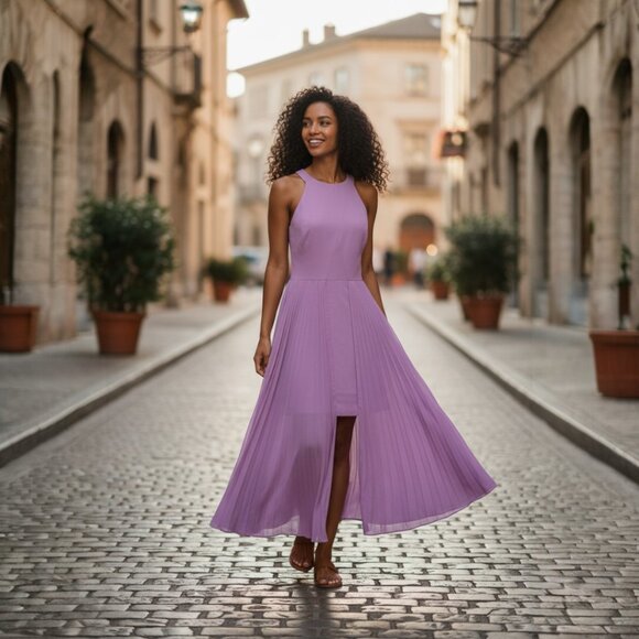 DESIGNER HALSTON HERITAGE PURPLE CREW NECK SLEEVELESS PLEATED A LINE DRESS 12.R - Picture 3 of 15